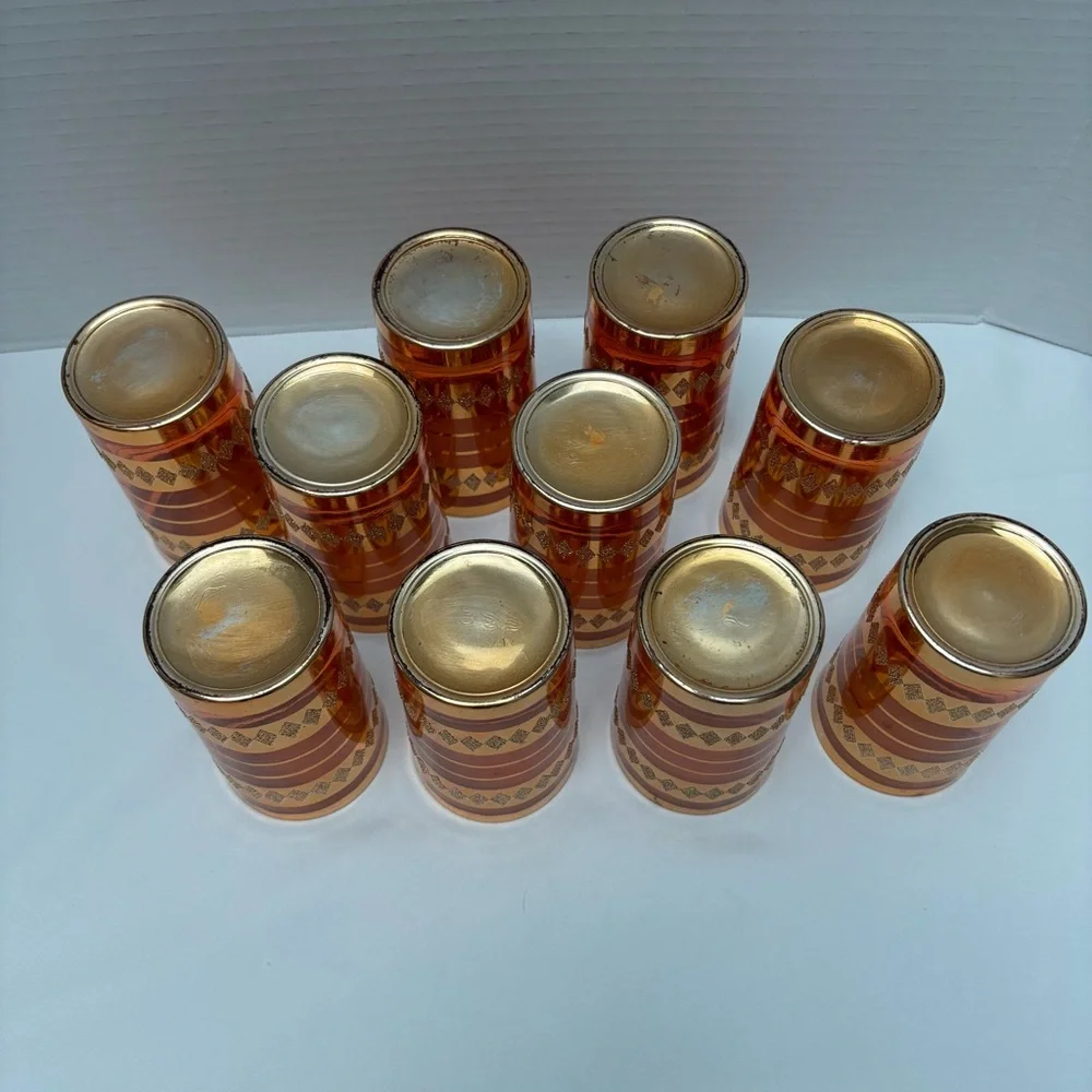 Vintage Amber Gold Geometric Trim Glass Tumblers - Set of 10 Mid-century